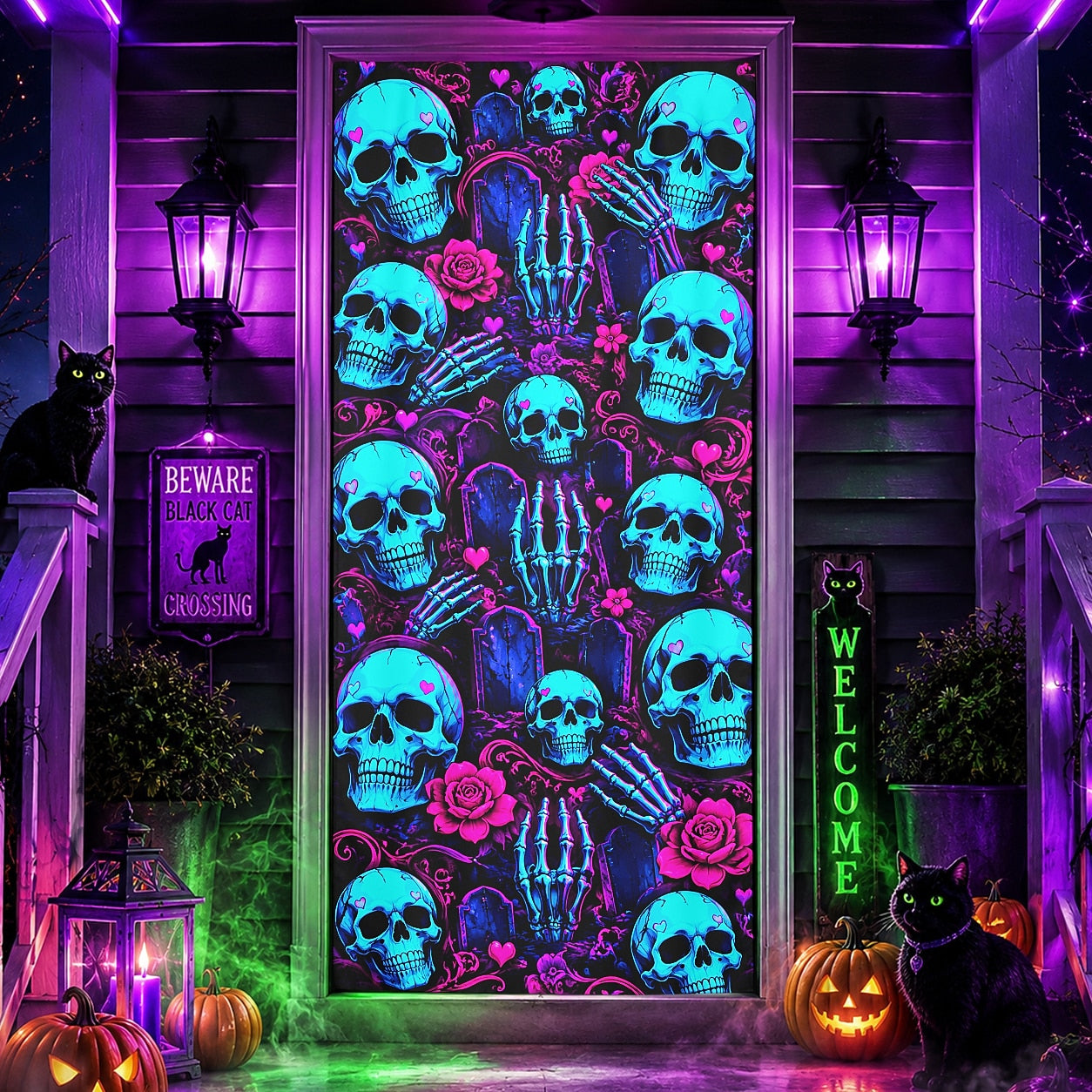 Pumpkin Spooky Halloween Door Banner Halloween Door Cover Neon Skull