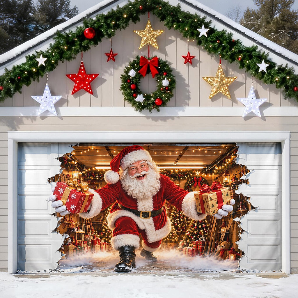 Christmas Garage Door Cover, Santa Claus Breaking Through Garage Wall Design, 3D Optical Illusion Garage Door Banner for Christmas Party Decor