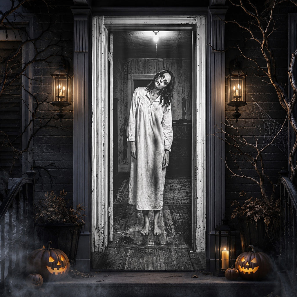 Creepy Ghost Girl Haunted Hallway 3D Banner Halloween Door Cover