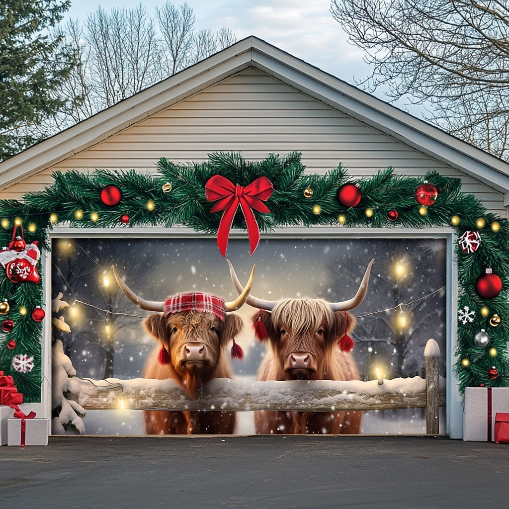 Christmas Highland Cow Garage Door Cover