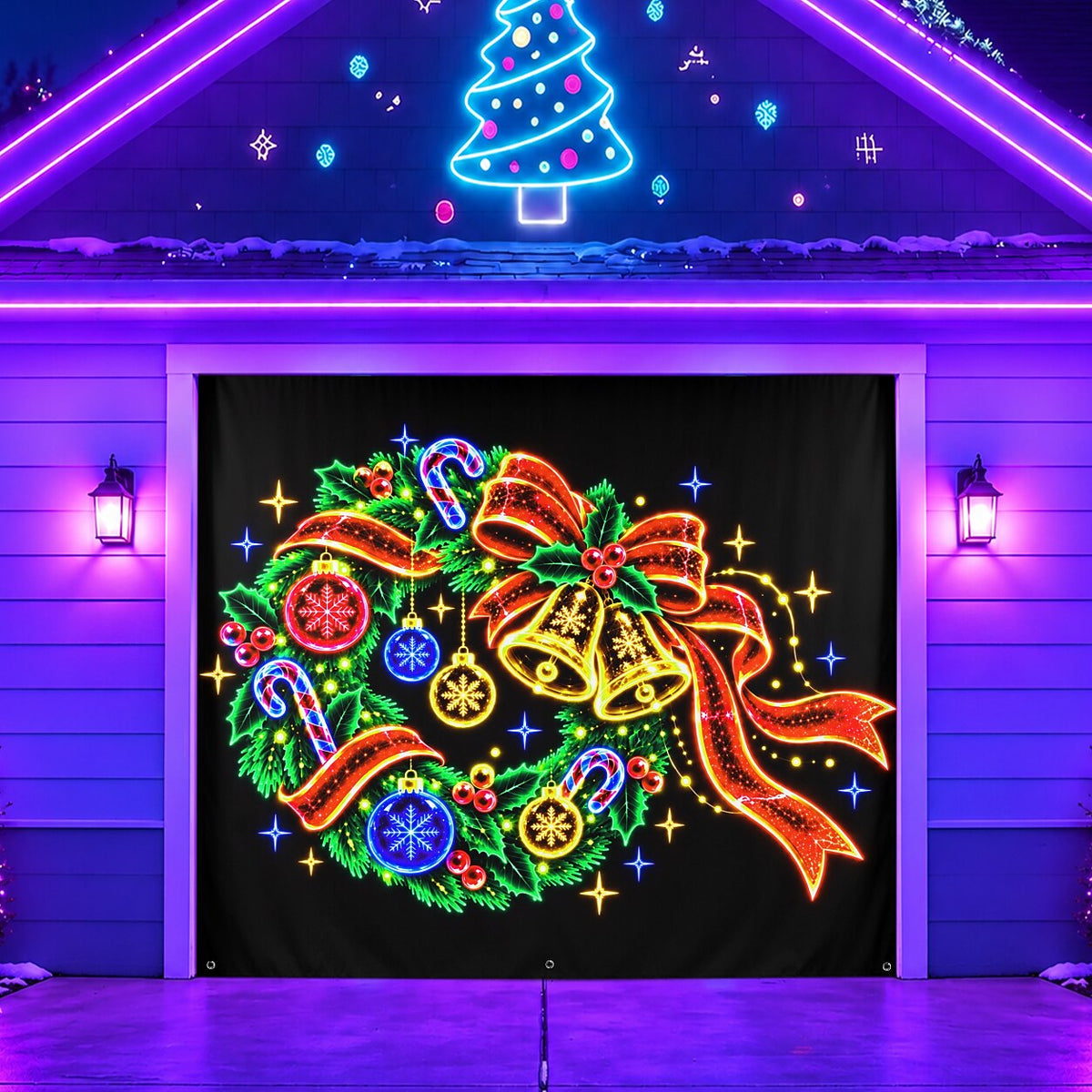 Blacklight Christmas Garage Cover UV Reactive Wreath & Ornaments