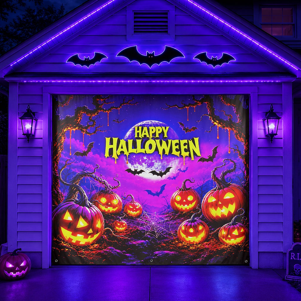 Fluorescent Happy Halloween Pumpkin | Halloween Garage Door Banner Cover