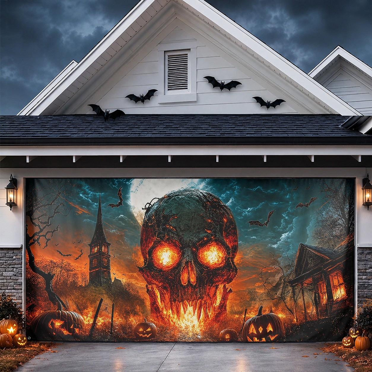 Flaming Skull & Fire Scary | Halloween Garage Door Banner Cover