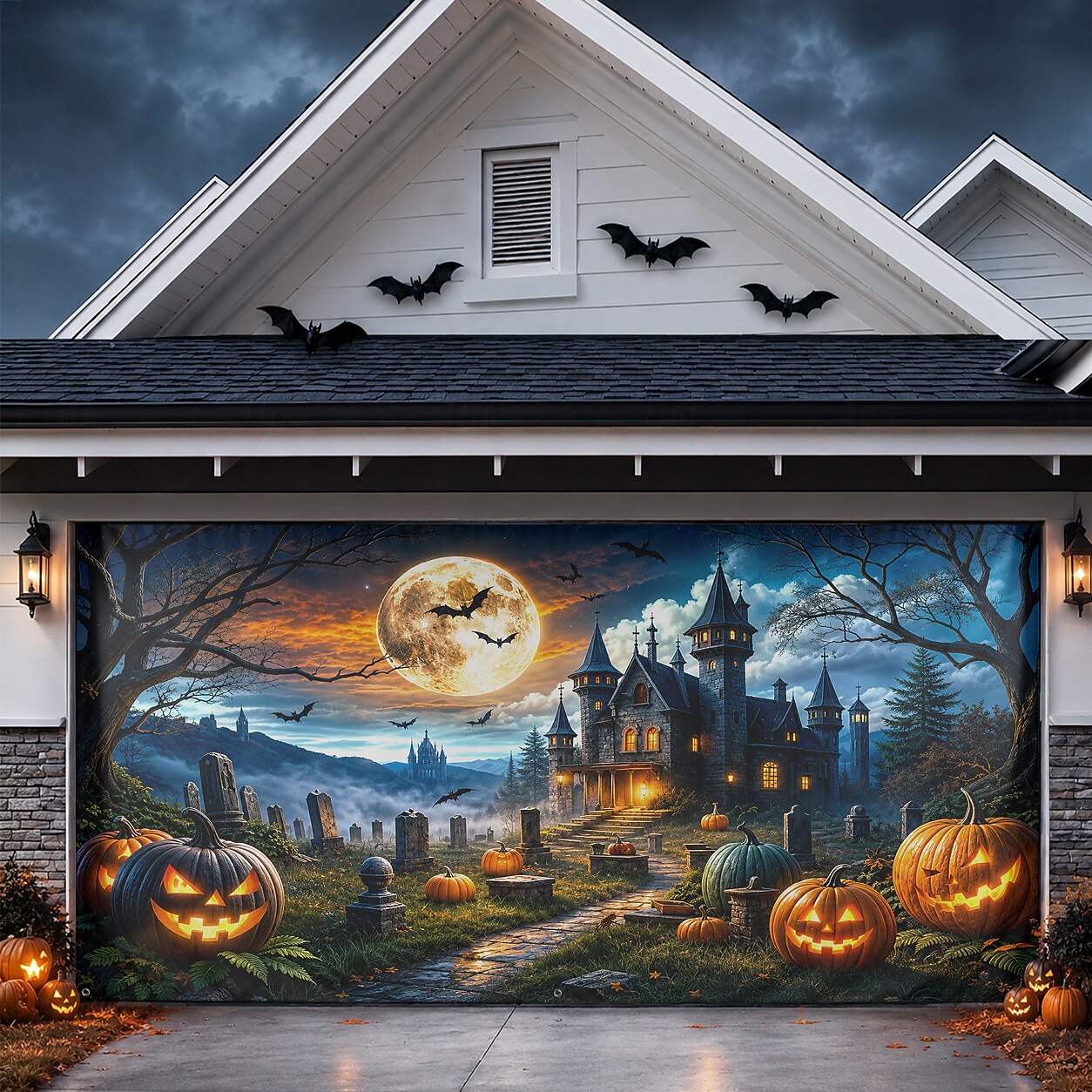Haunted House & Pumpkin Night Sky | Halloween Garage Door Banner Cover