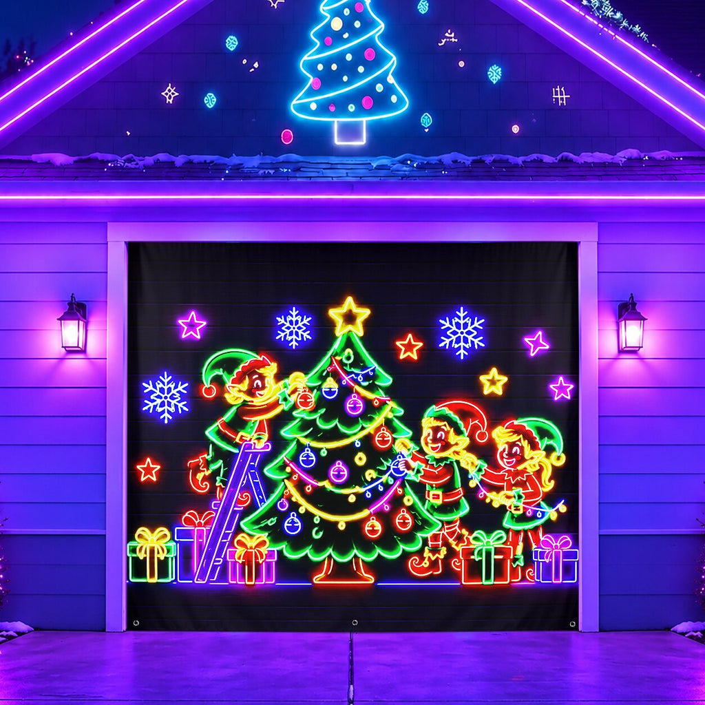 Blacklight Christmas Garage Cover UV Reactive Christmas Tree & Gifts