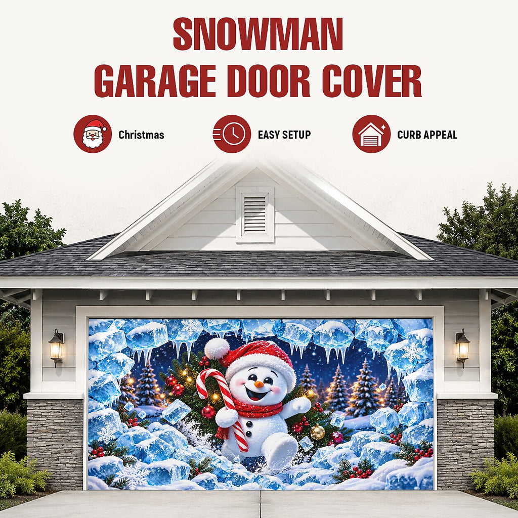 Christmas Garage Door Cover - Snowman Breaking Through Icy Wall 3D Design
