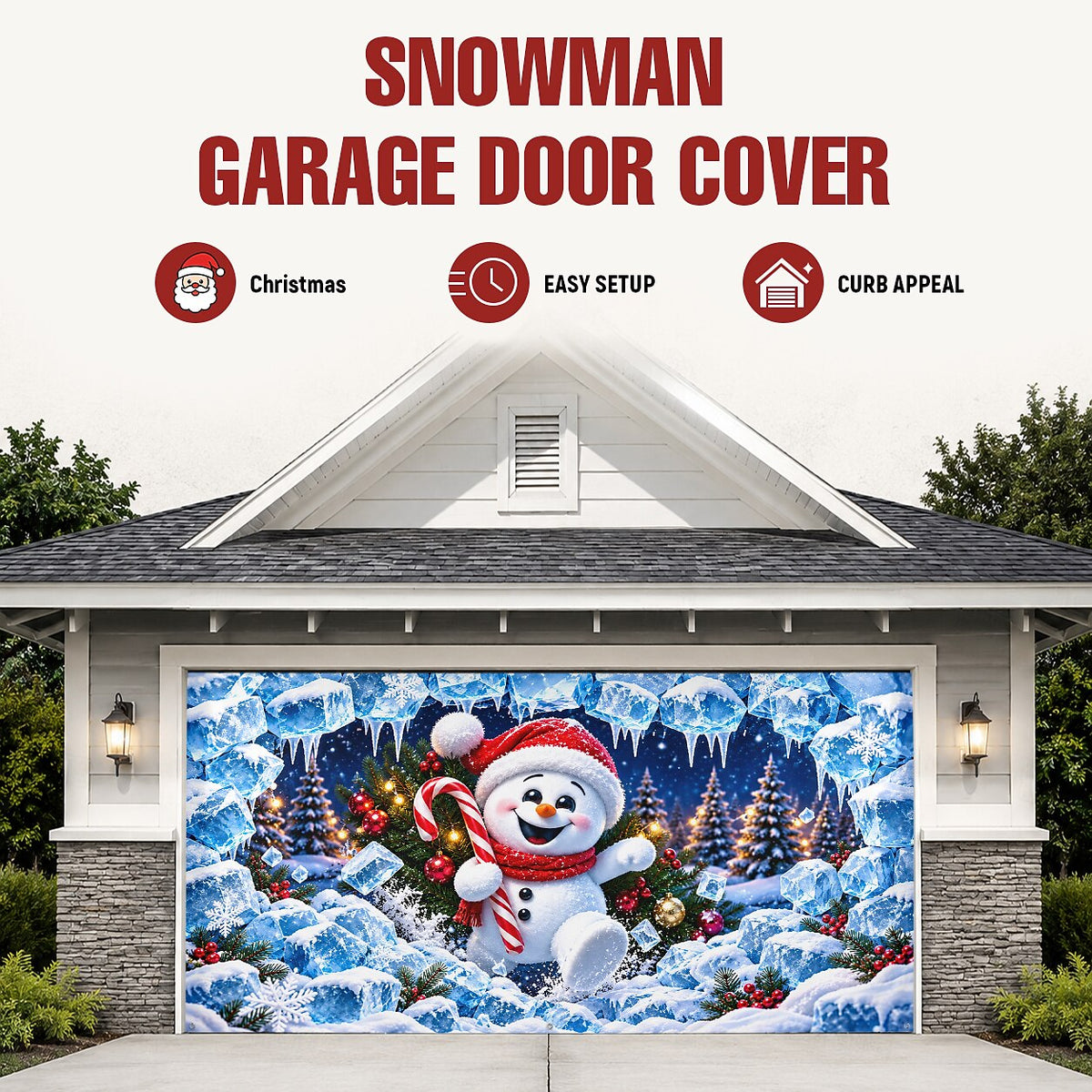 Christmas Garage Door Cover - Snowman Breaking Through Icy Wall 3D Design
