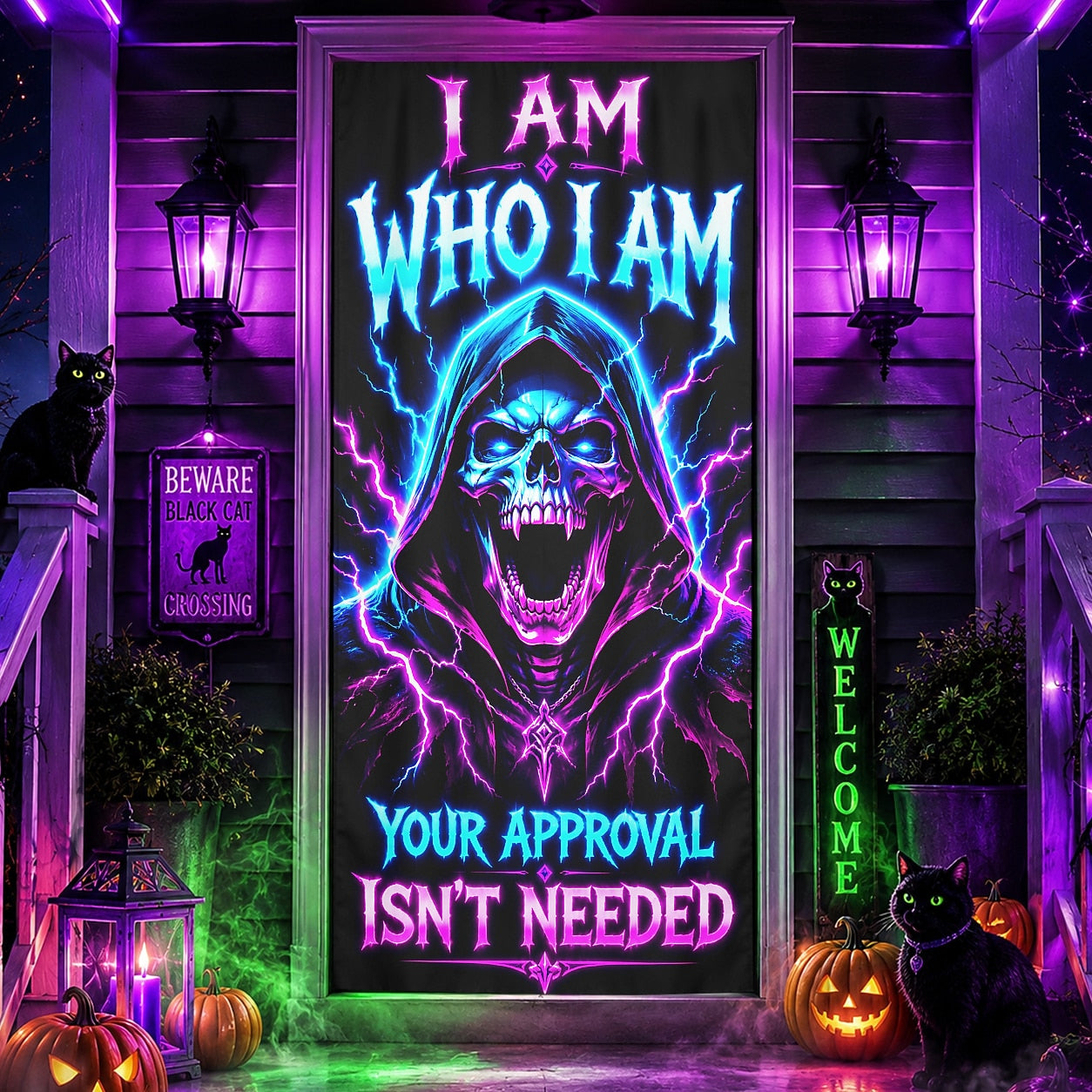 Moonlight Door Banner Halloween Door Cover Neon Grim Reaper Skull Quote