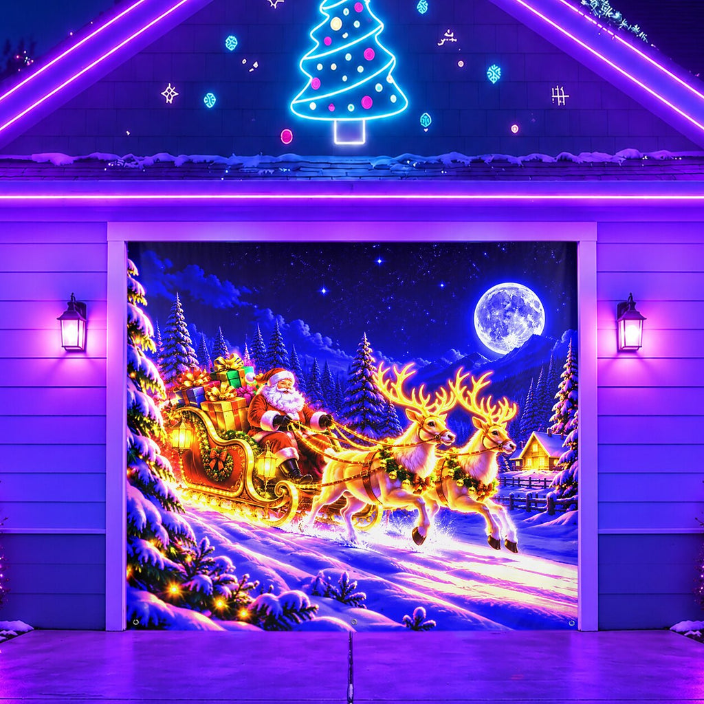 Blacklight Christmas Garage Cover UV Reactive Santa Sleigh & Reindeer