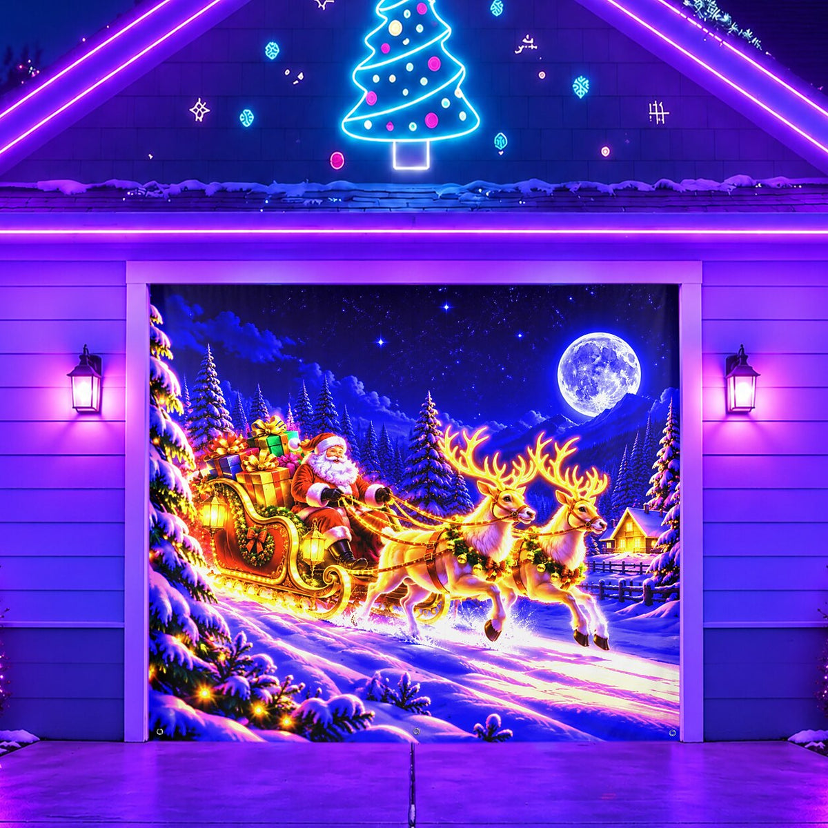 Blacklight Christmas Garage Cover UV Reactive Santa Sleigh & Reindeer