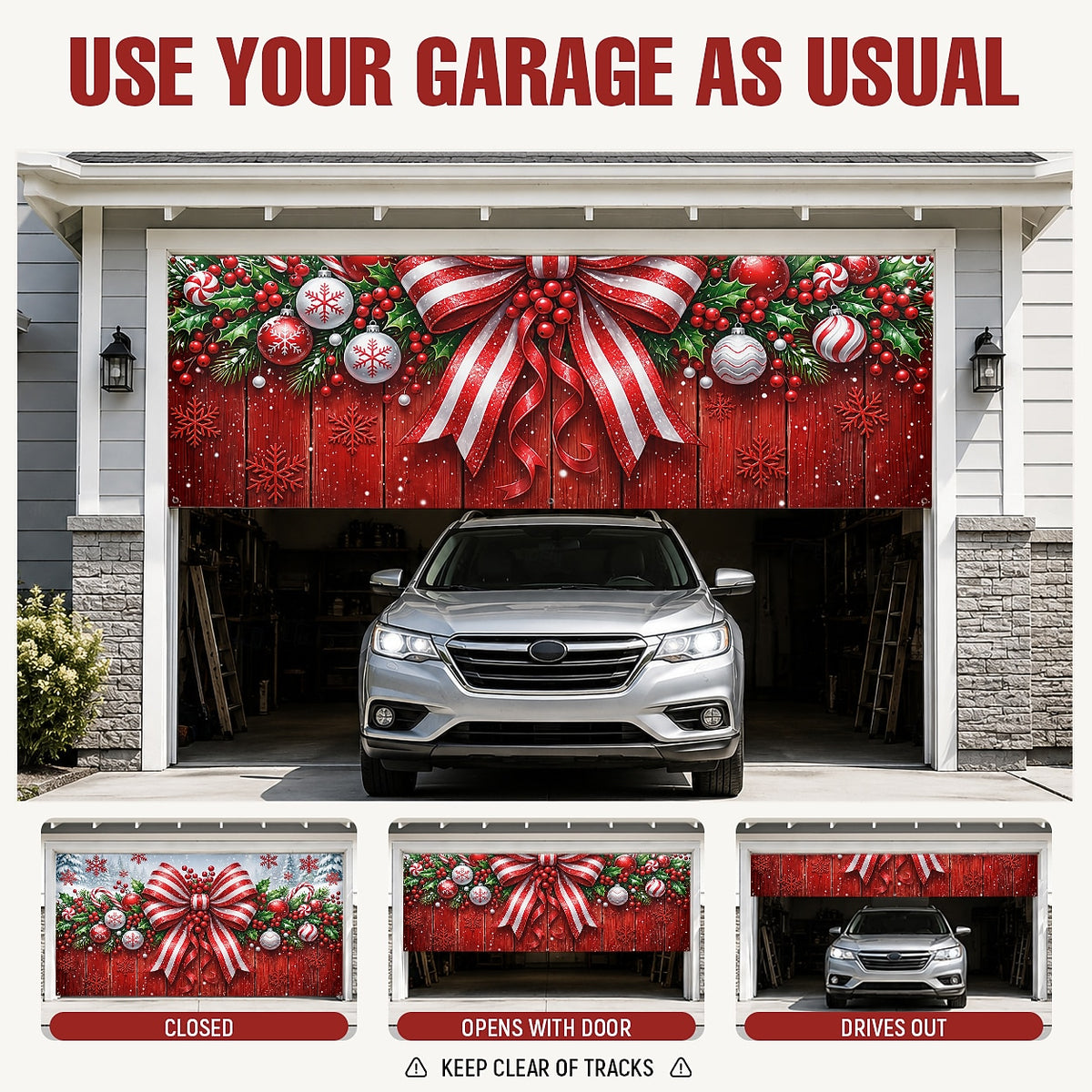 Red Bow & Ornaments Garage Door Cover