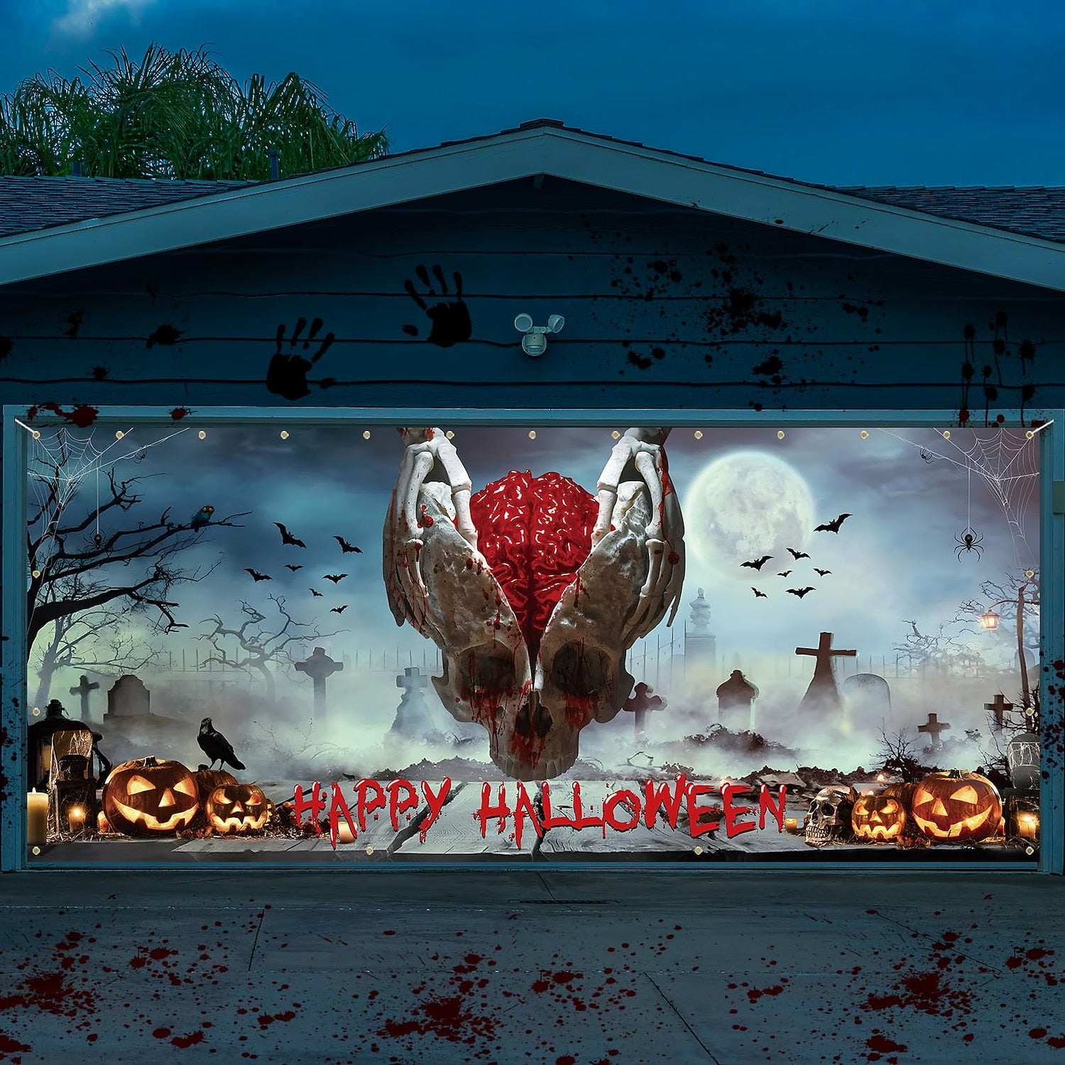 Bloody Skeleton & Brain Scary Skull | Halloween Garage Door Banner Cover