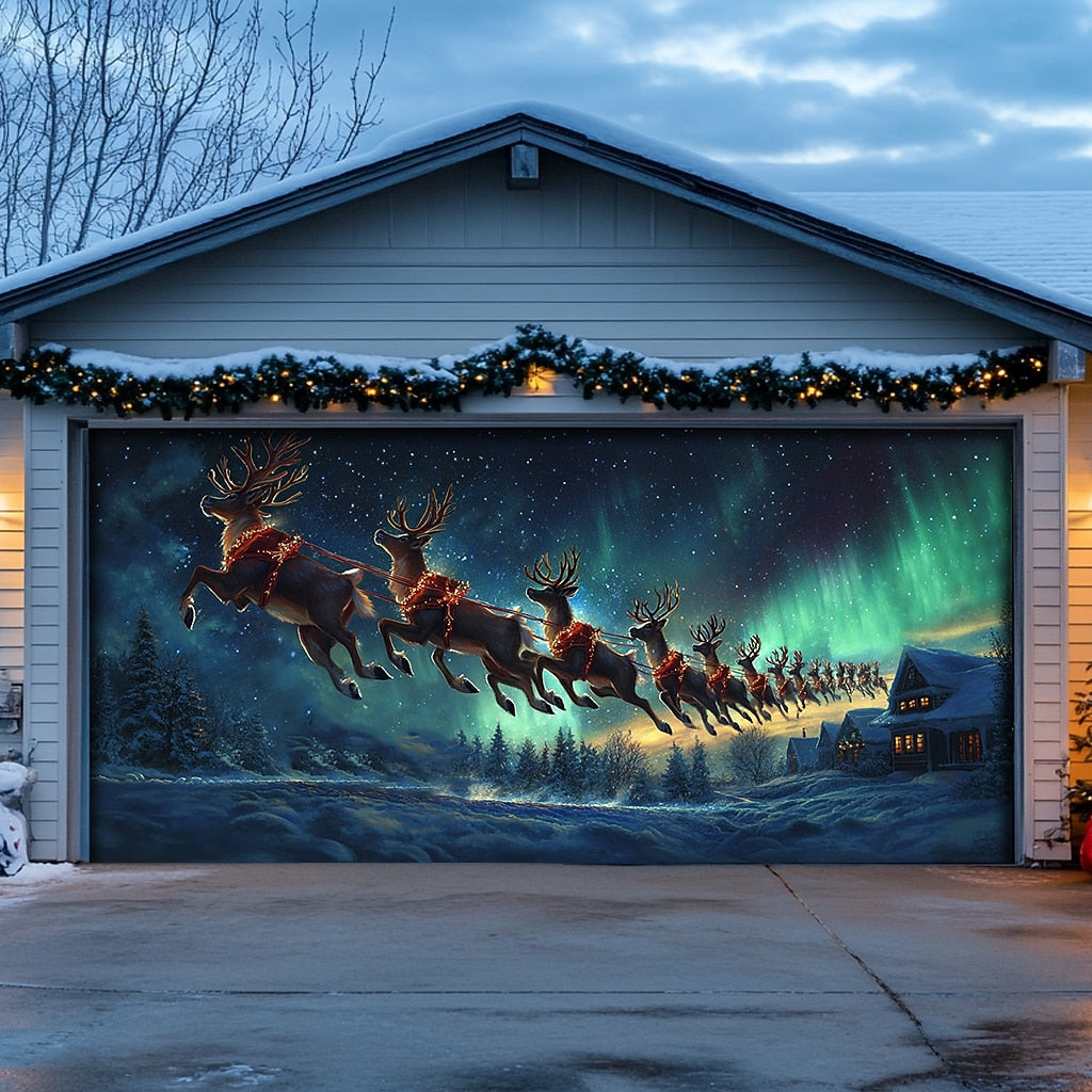 Santa Sleigh & Reindeer Garage Door Cover