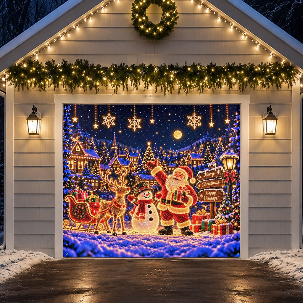 Blacklight Christmas Garage Cover UV Reactive Santa & Snowman