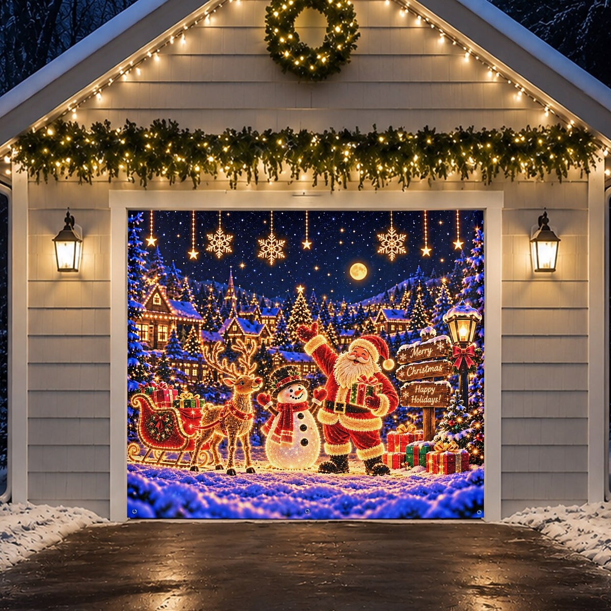 Blacklight Christmas Garage Cover UV Reactive Santa & Snowman