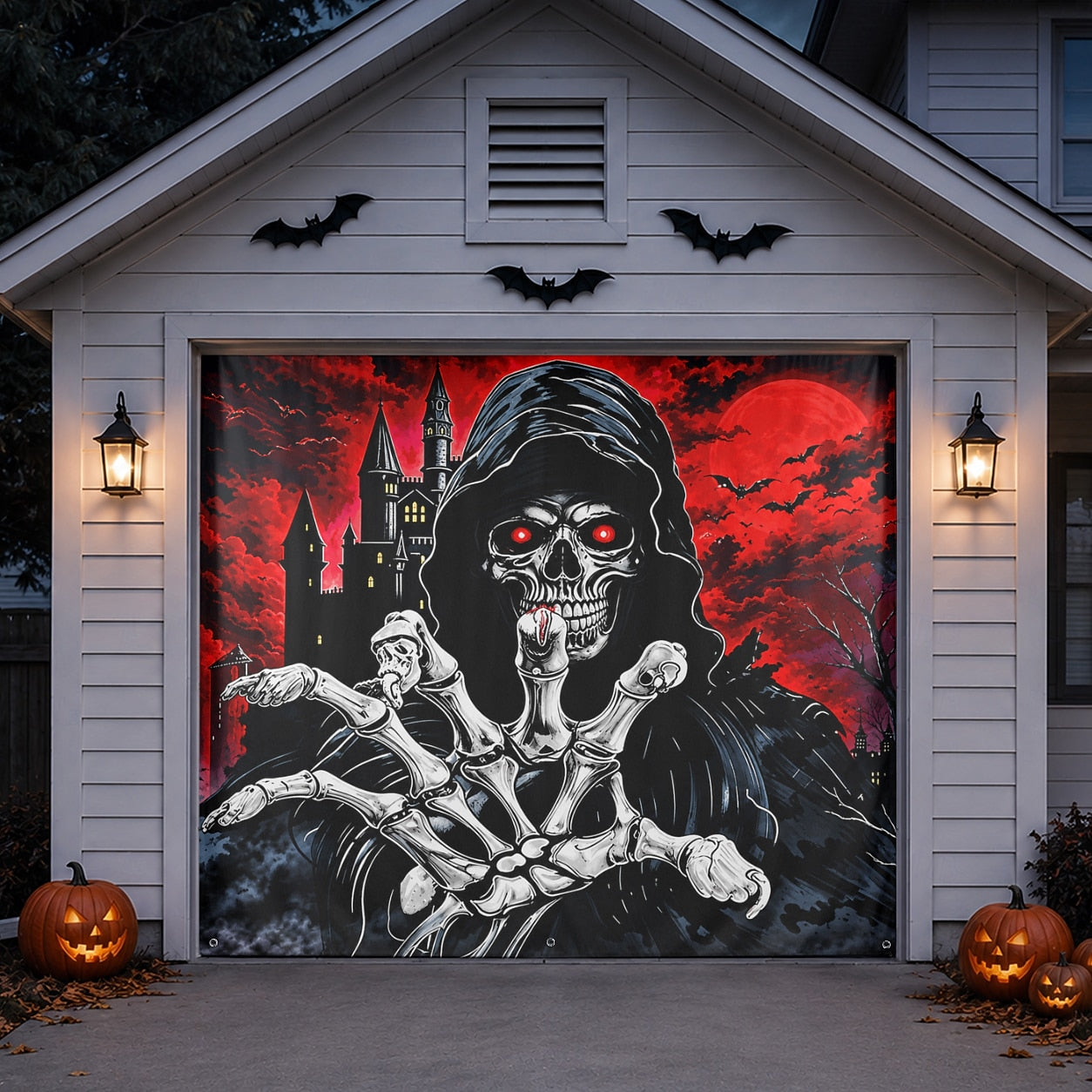 Grim Reaper Skull & Red Eyes | Halloween Garage Door Banner Cover
