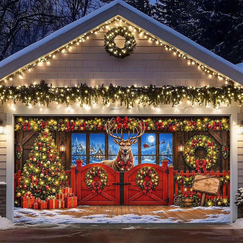 Christmas Garage Cover 3D Reindeer Breaking Through