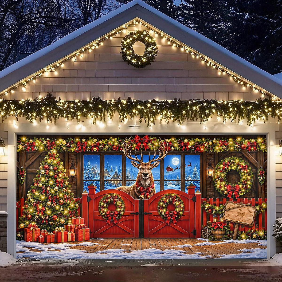 Christmas Garage Cover 3D Reindeer Breaking Through