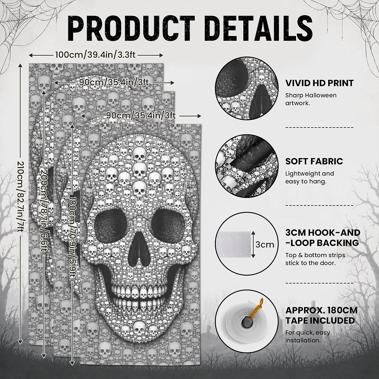 Spooky Door Banner Halloween Door Cover Giant Skull Mosaic Gothic