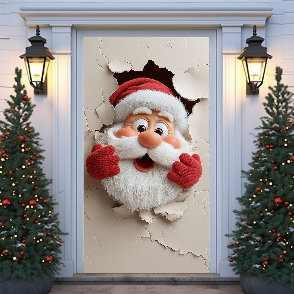 Santa Breaking Through Wall Christmas Door Cover