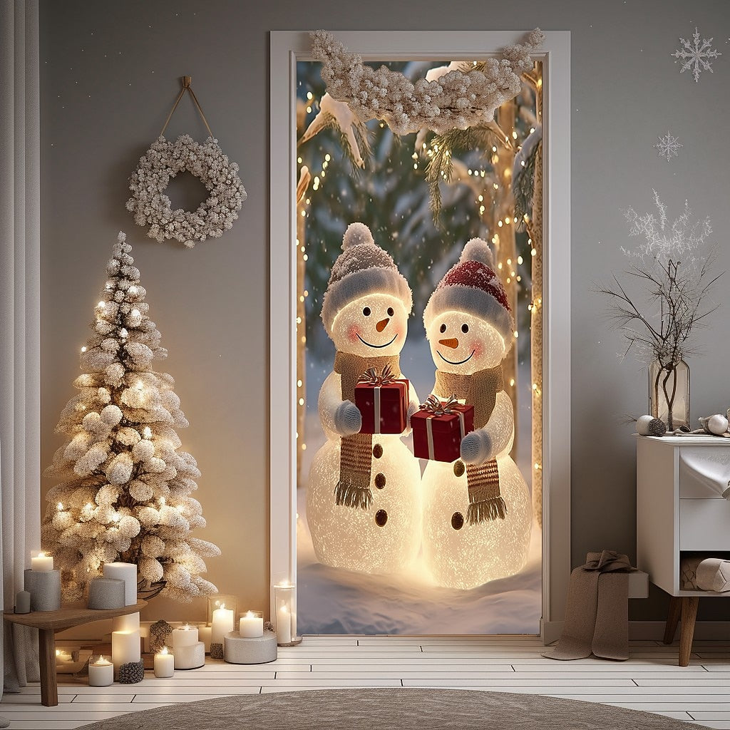 Cute Snowman in Winter Forest Christmas Door Cover
