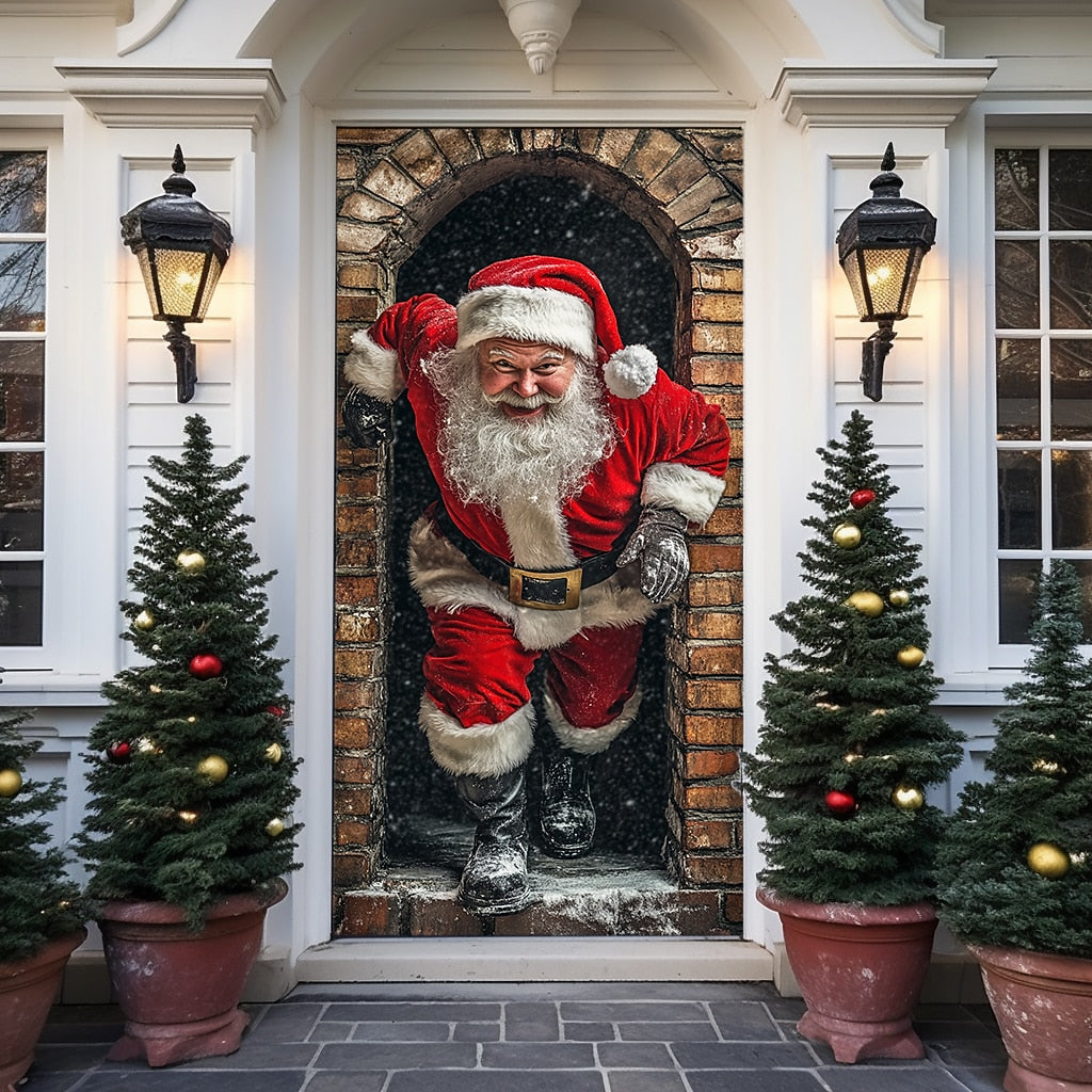 Santa Breaking Through Wall Christmas Door Cover