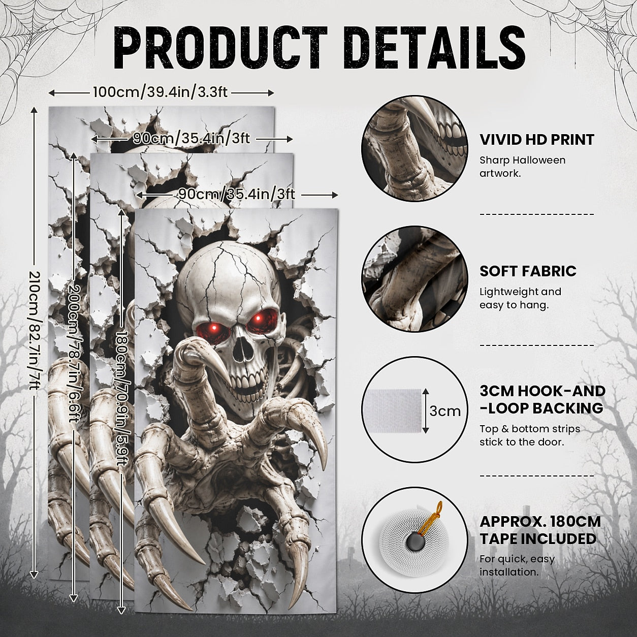 Moon Graveyard Door Banner Halloween Door Cover 3D Skeleton Haunted