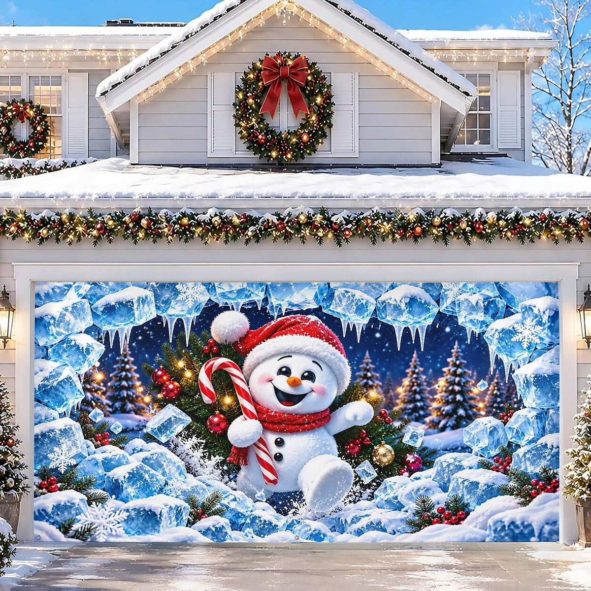 Christmas Garage Door Cover - Snowman Breaking Through Icy Wall 3D Design