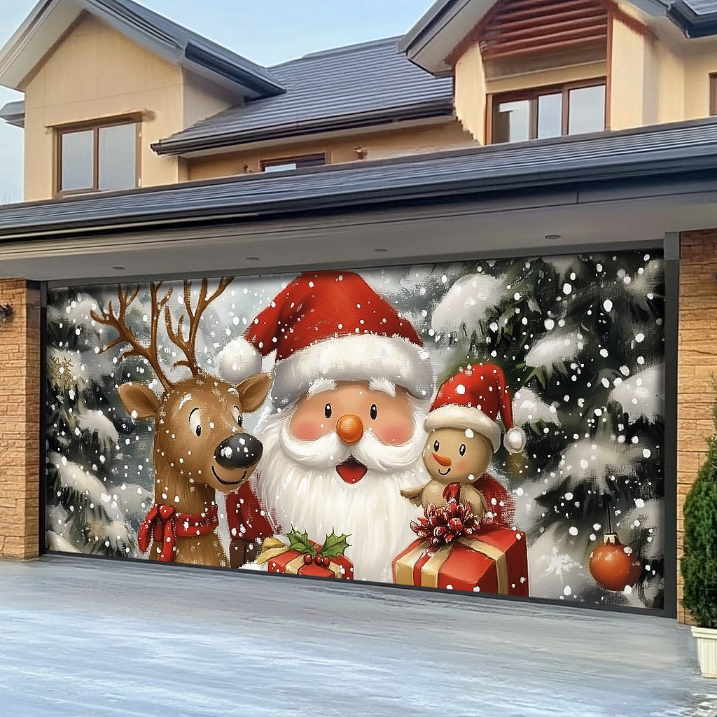 Santa Snowman & Rudolph Garage Door Cover