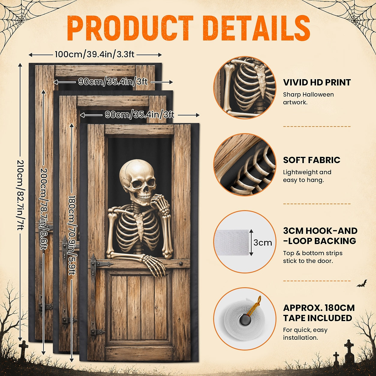 Skeleton Behind Door 3D Skull Illusion Banner Halloween Door Cover
