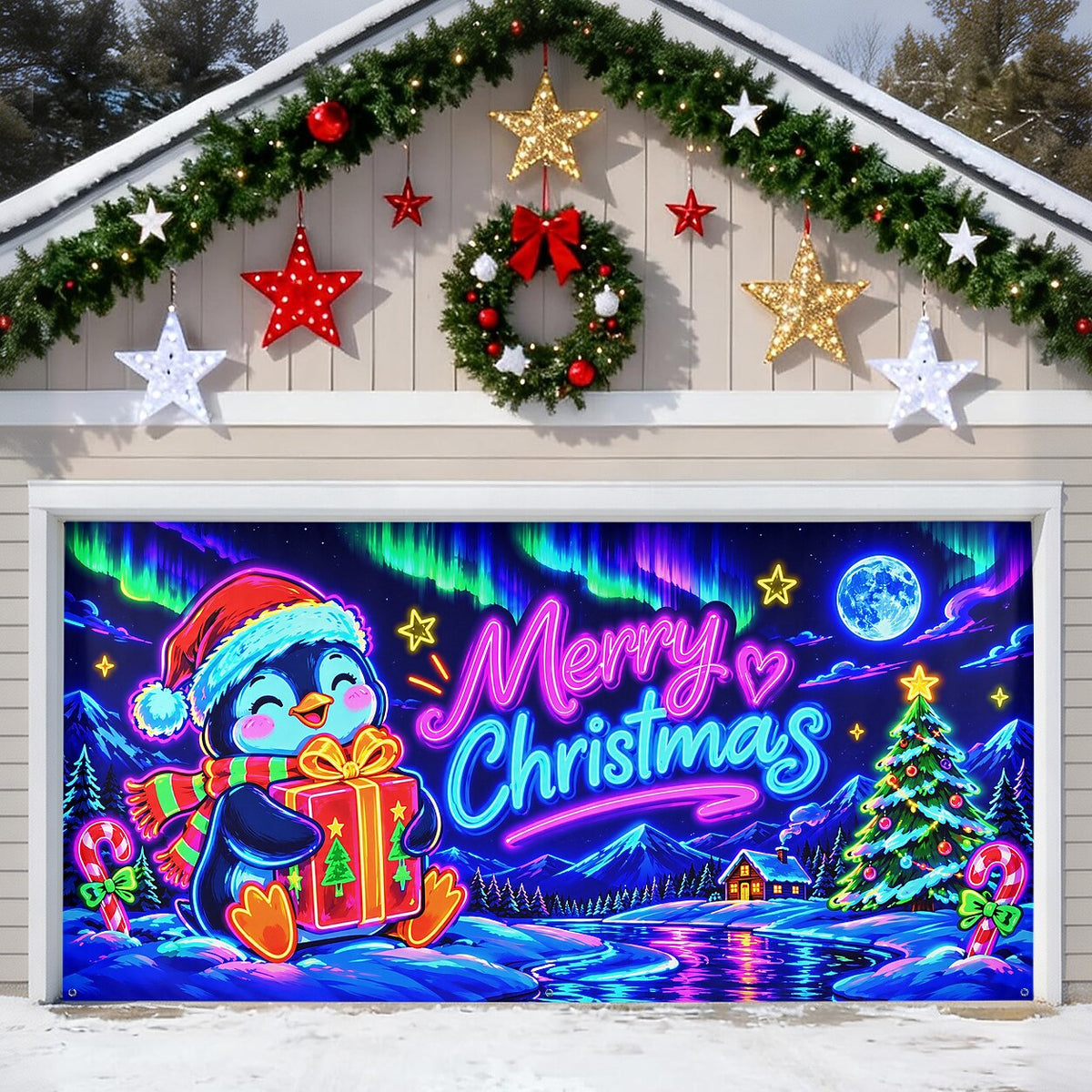 Blacklight Christmas Garage Cover UV Reactive Merry Christmas Penguin