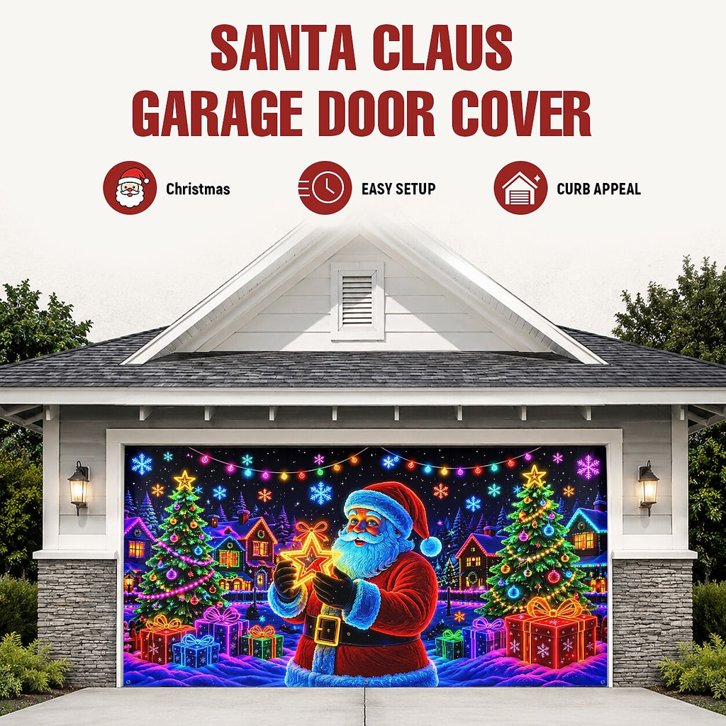 Blacklight Christmas Garage Cover UV Reactive Santa, Gifts & Christmas Tree