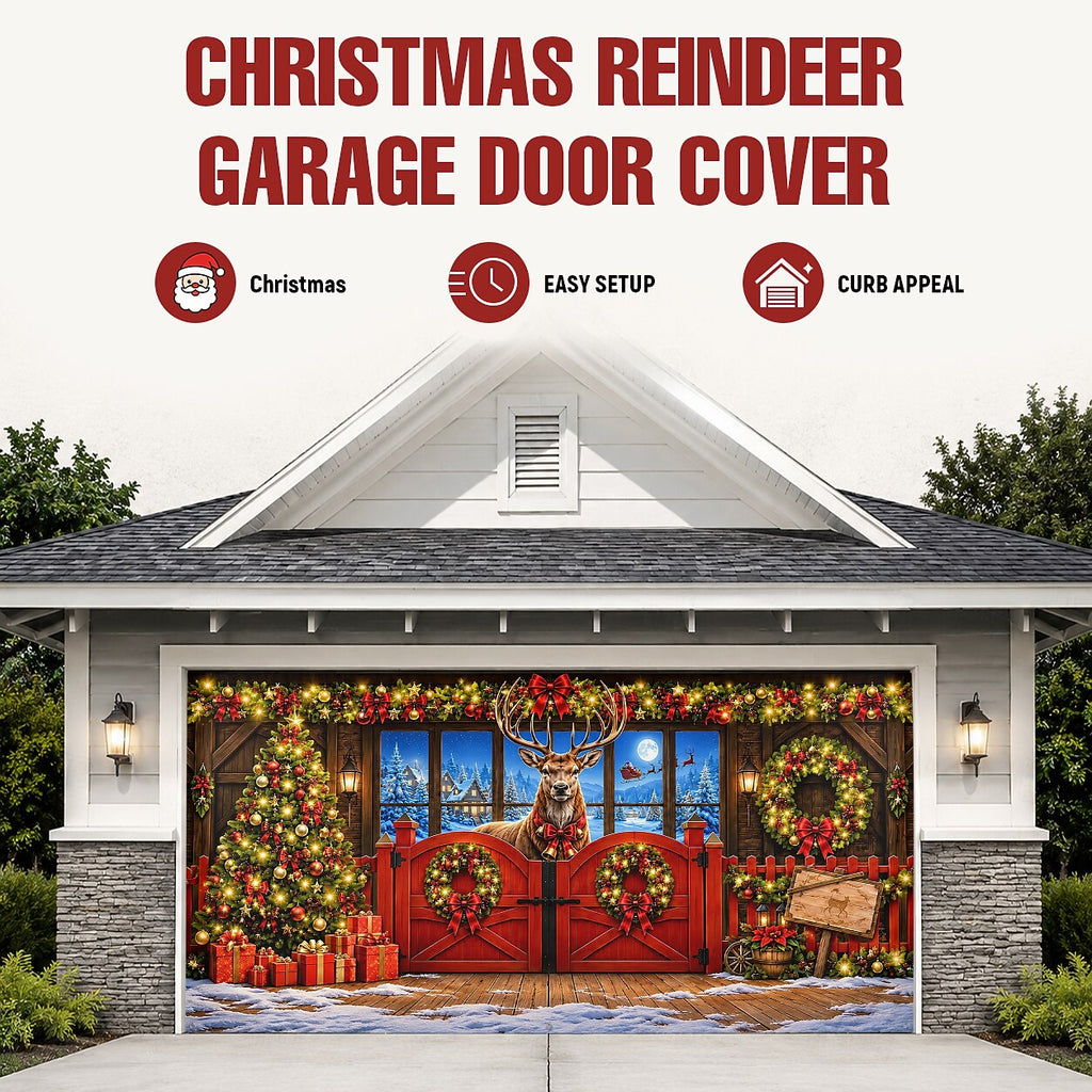 Christmas Garage Cover 3D Reindeer Breaking Through