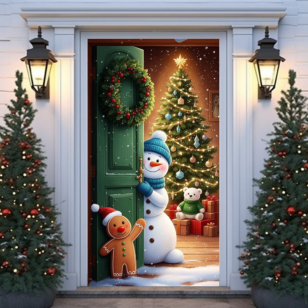 Snowman Opening Door & Christmas Tree Christmas Door Cover