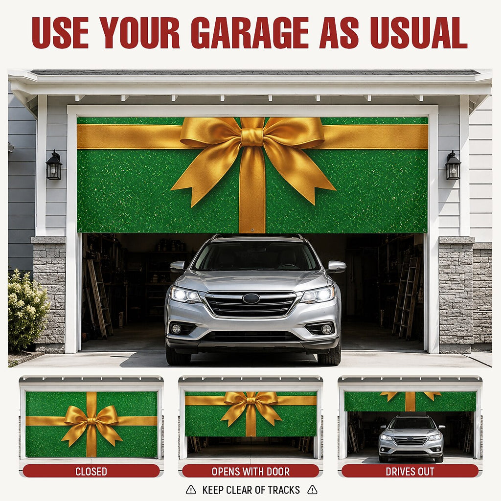 Christmas Garage Cover 3D Green Gift Box & Gold Bow