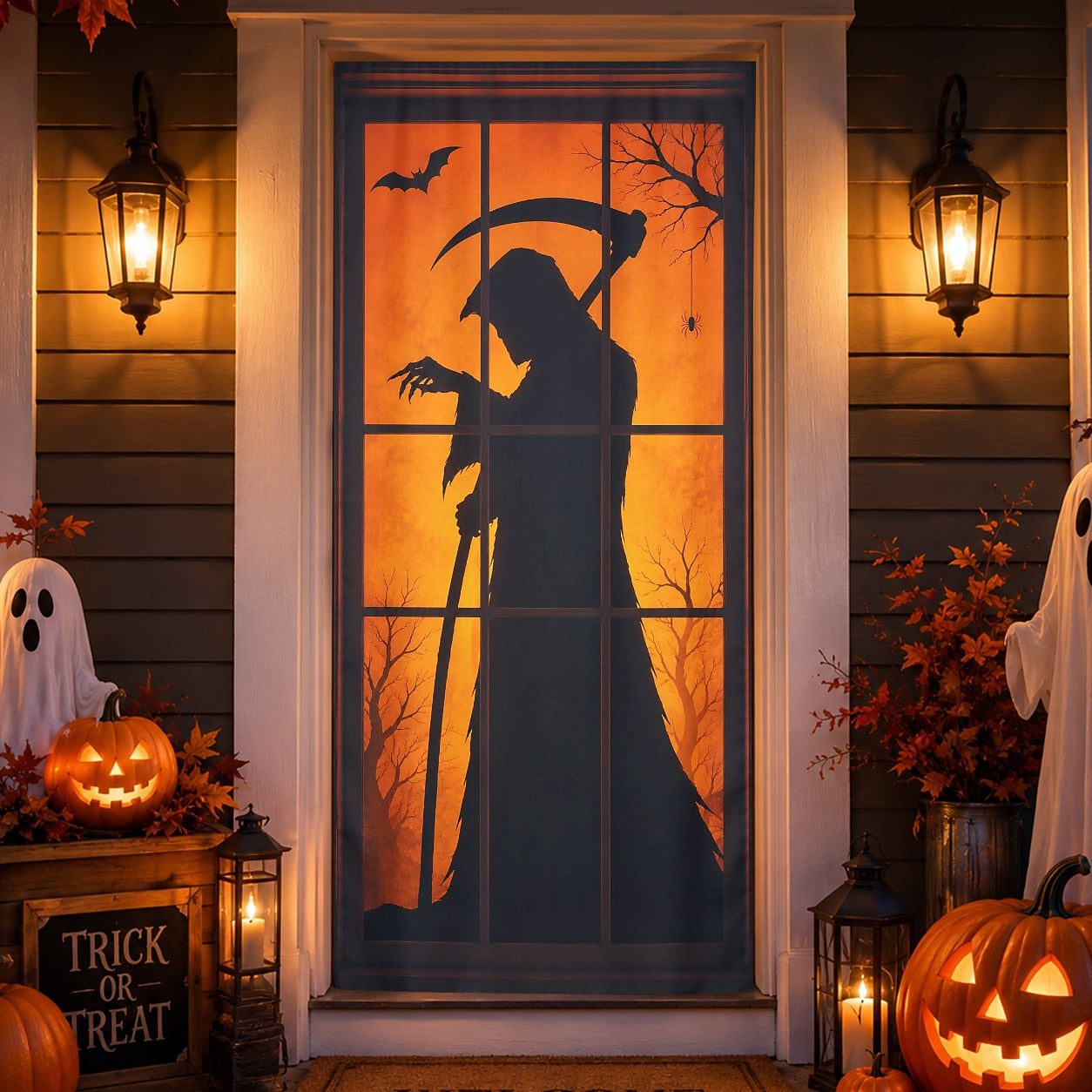 Web Bloody Hands Banner Halloween Door Cover Black Cat Grim Reaper