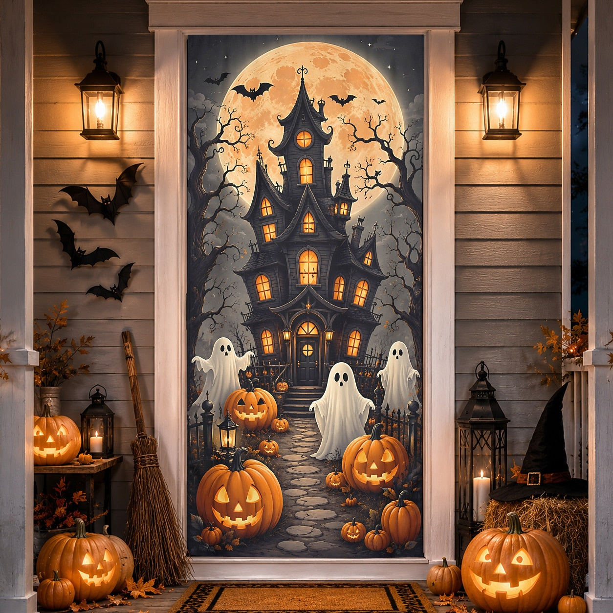 Pumpkin Full Moon Banner Halloween Door Cover Glowing Skull Grim Reaper