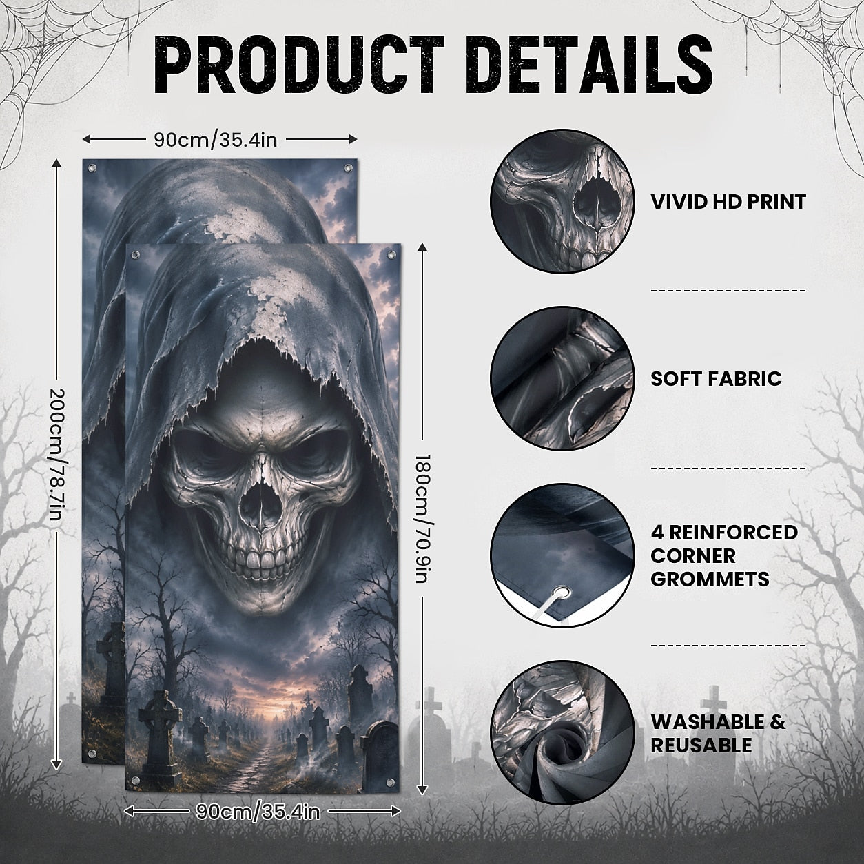 Grim Reaper Skull Haunted Graveyard Door Banner Halloween Door Cover