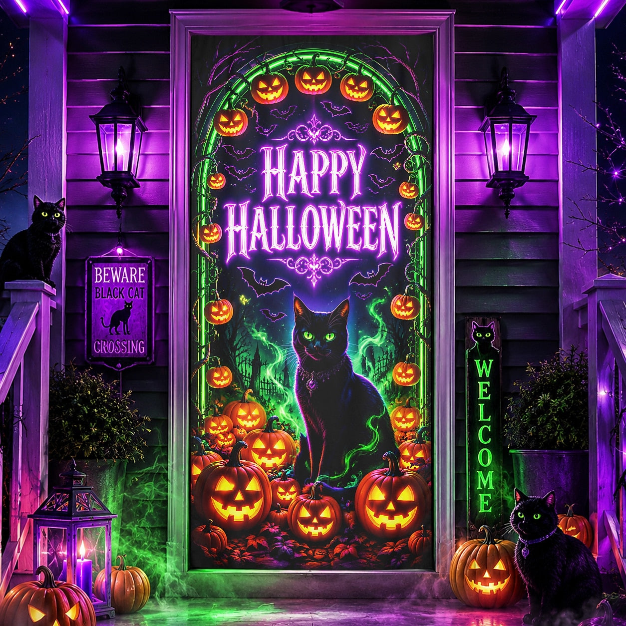 Haunted House Banner Halloween Door Cover Black Cat Pumpkin Bats Neon UV