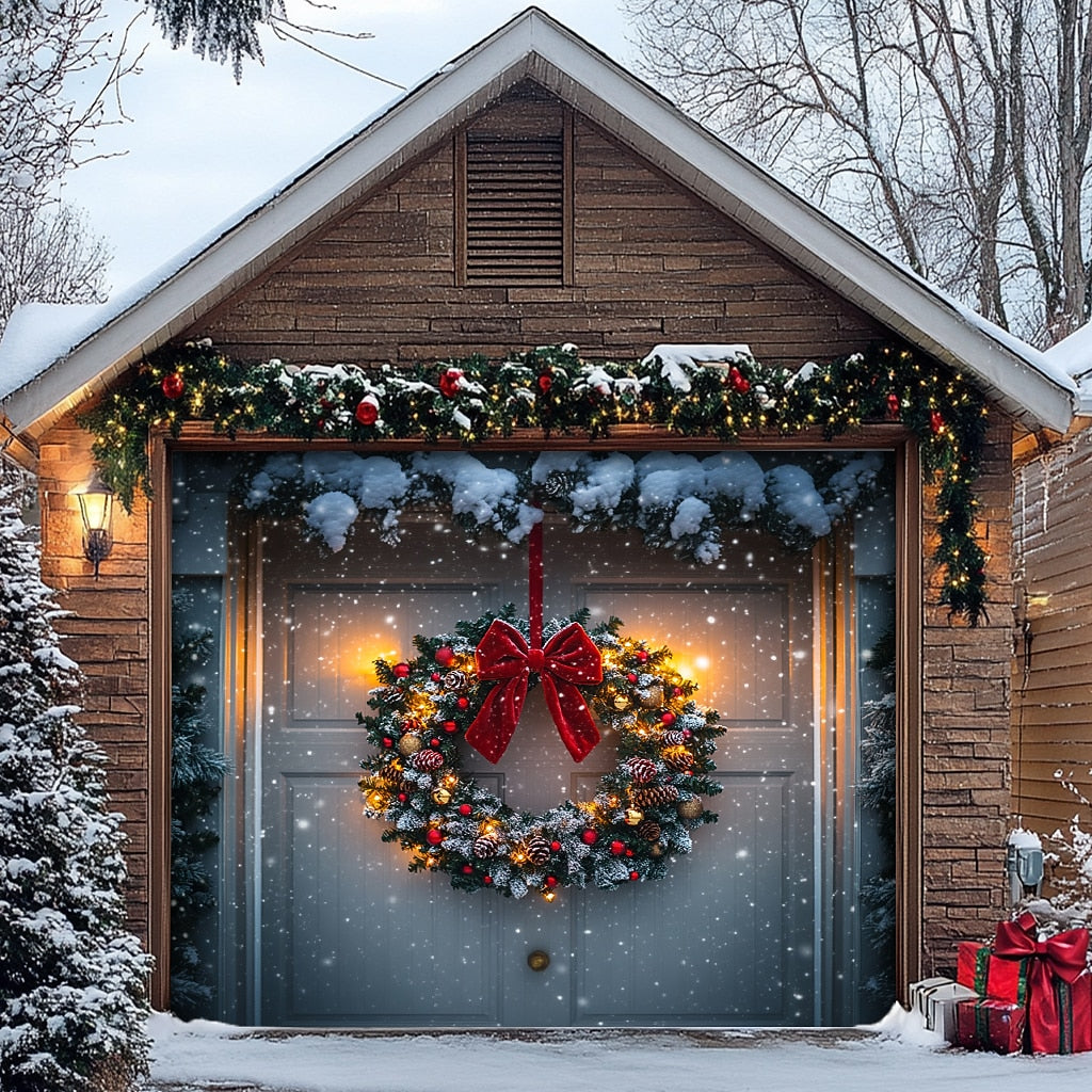 Farmhouse Christmas Scene Garage Door Cover