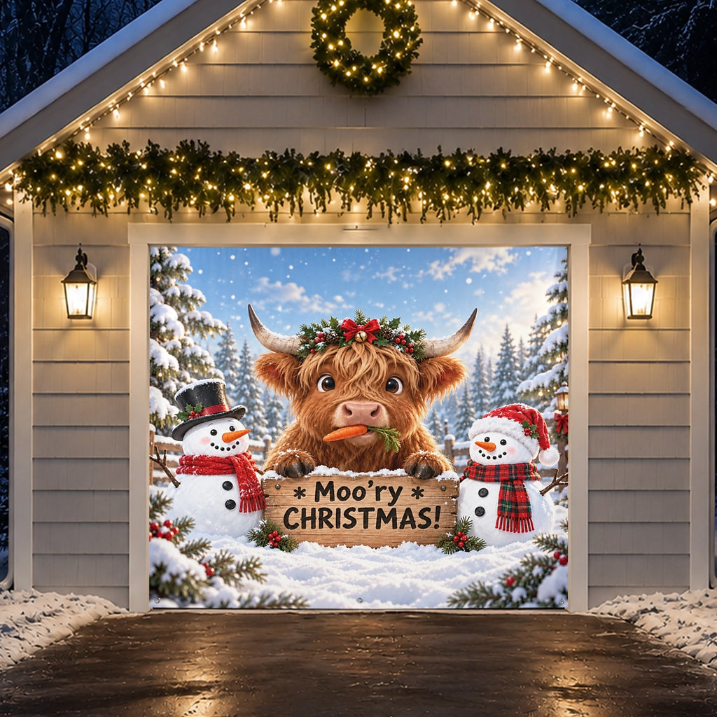 Christmas Garage Door Cover - Merry Christmas Highland Cow Design