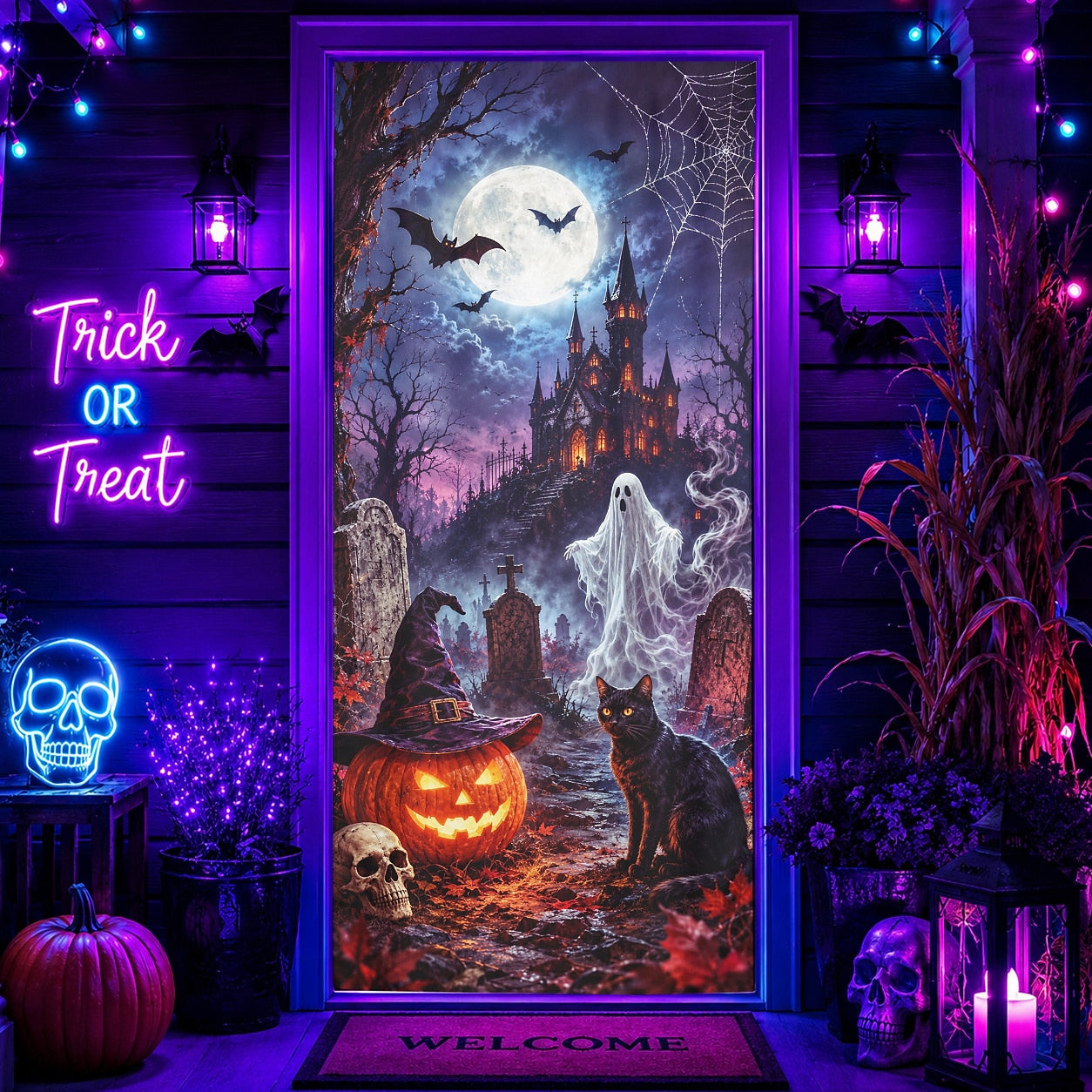 Top Hat Skeleton Ghost Graveyard Neon Banner Halloween Door