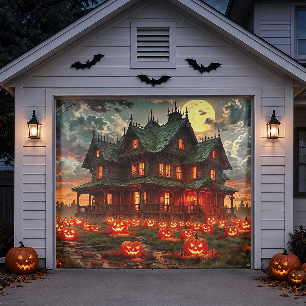 Halloween Haunted House Pumpkin Garage Door Cover