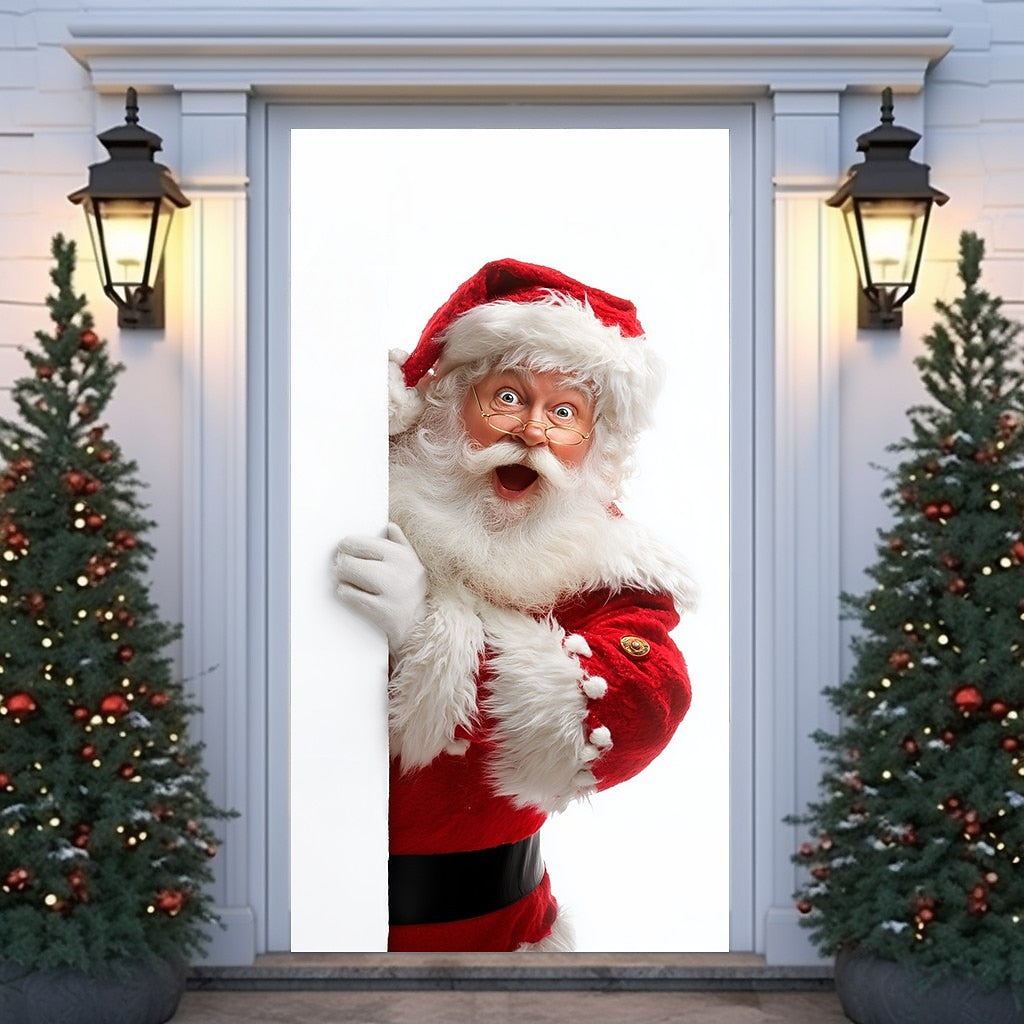 Funny Peeking Santa Face Christmas Door Cover