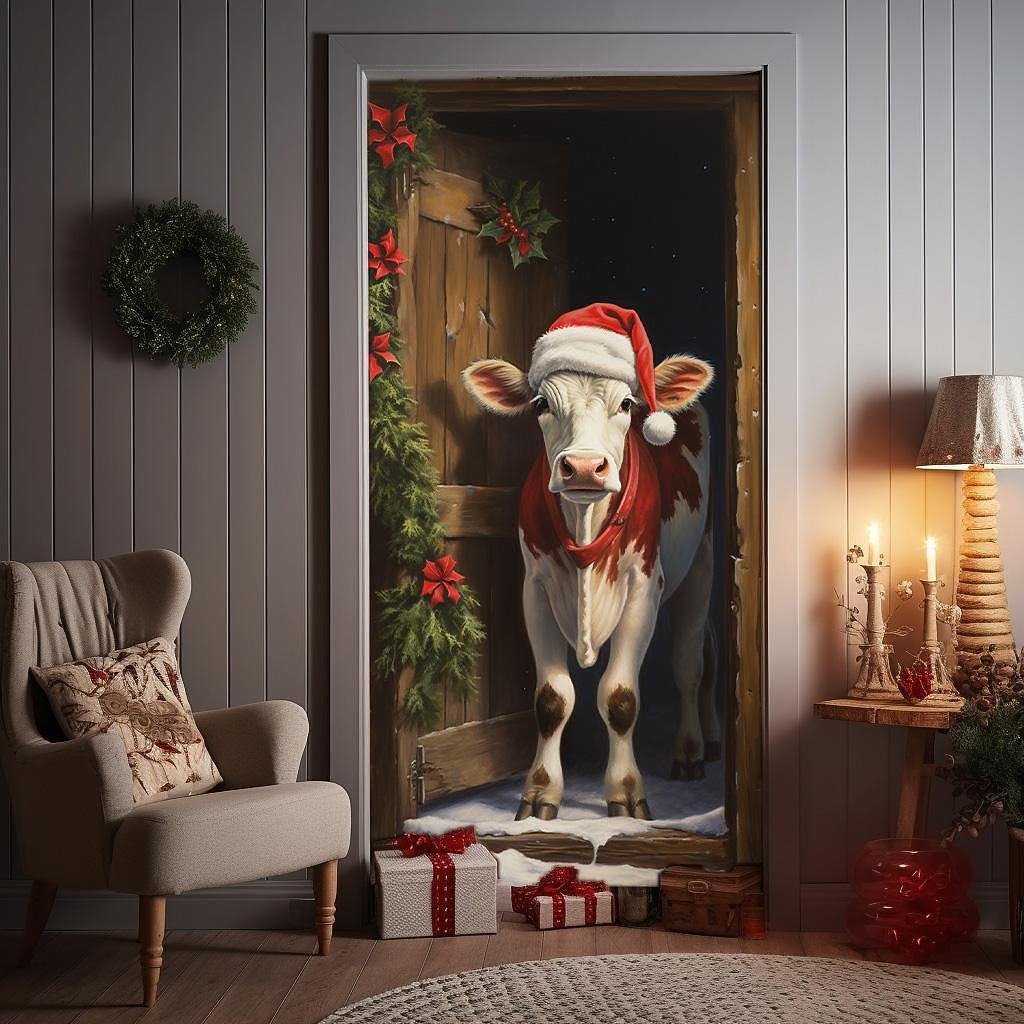 Festive Cow Christmas Door Cover