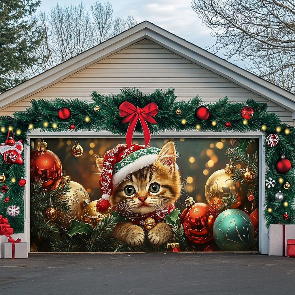 Christmas Cat Ornaments Garage Door Cover