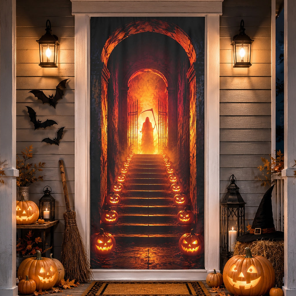 Orange Moon Door Banner Halloween Door Cover Grim Reaper Haunted
