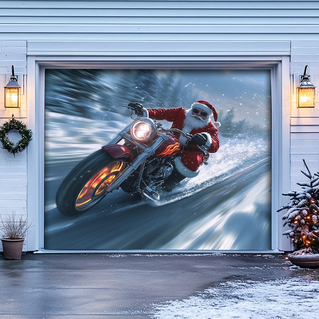 Motorcycle Santa Garage Door Cover