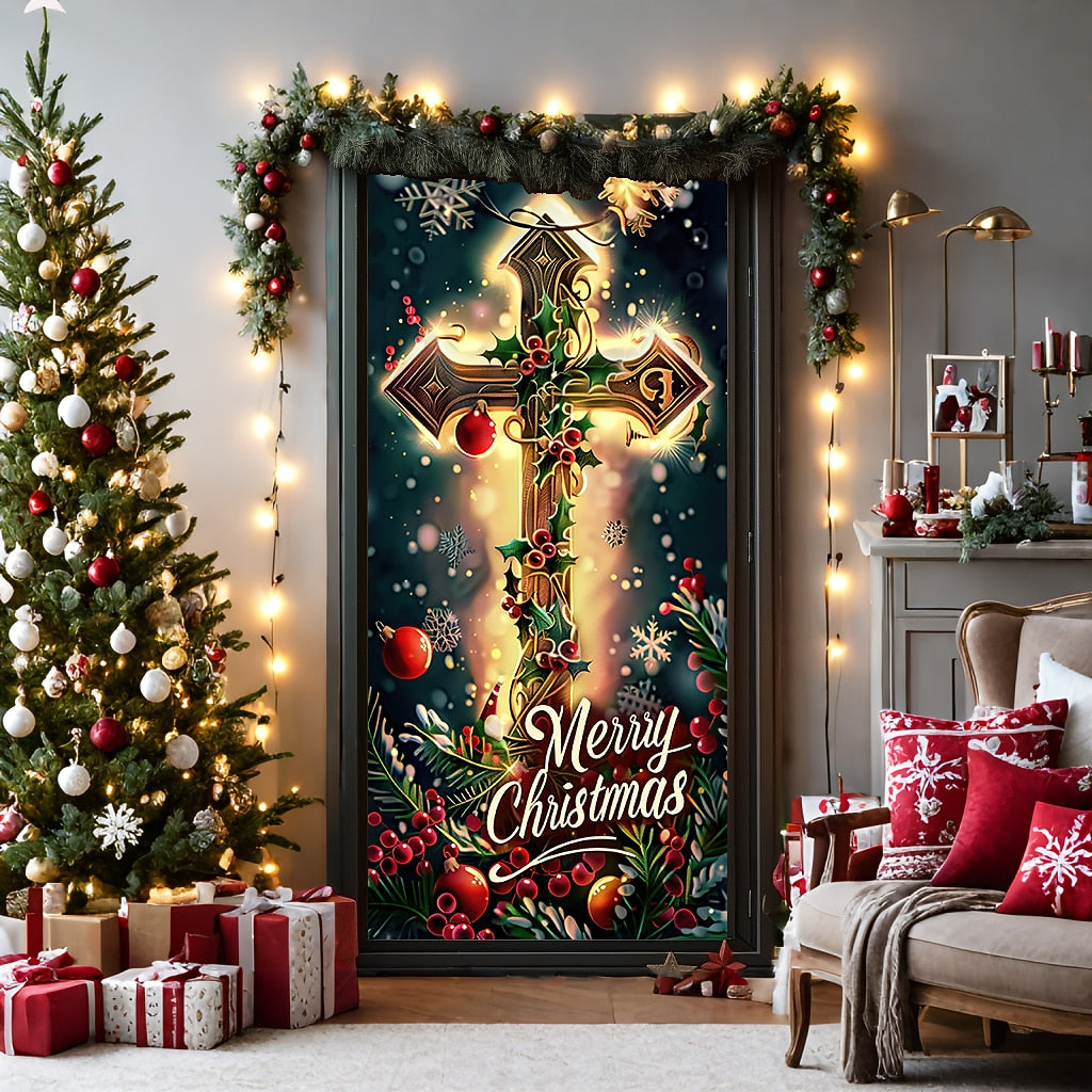 Cross Nativity Scene Christmas Door Cover