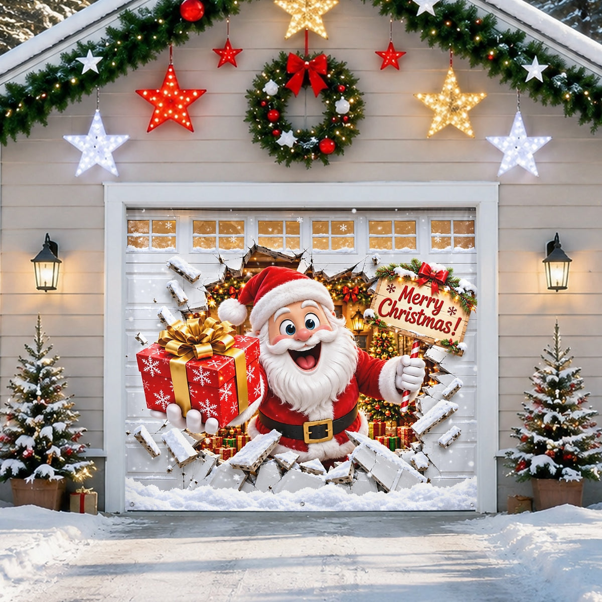 Christmas Garage Door Cover - Santa Breaking Through Gift 3D Design
